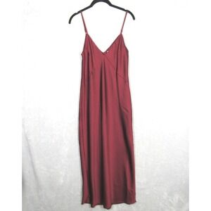 A New Day Womens XS Satin Slip Maxi Dress Berry Cobbler Burgundy V-Neck NWT